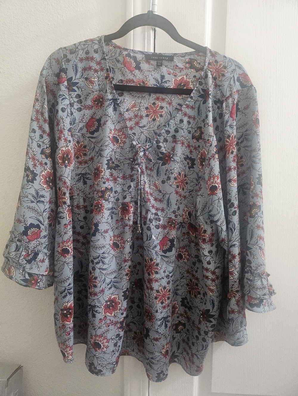 Sanctuary Blue Floral Tie-Front Tunic with Red Accents